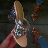 Rhinestone Chunky Heel Slip-On Flip Flop Pvc Slippers Oshnow